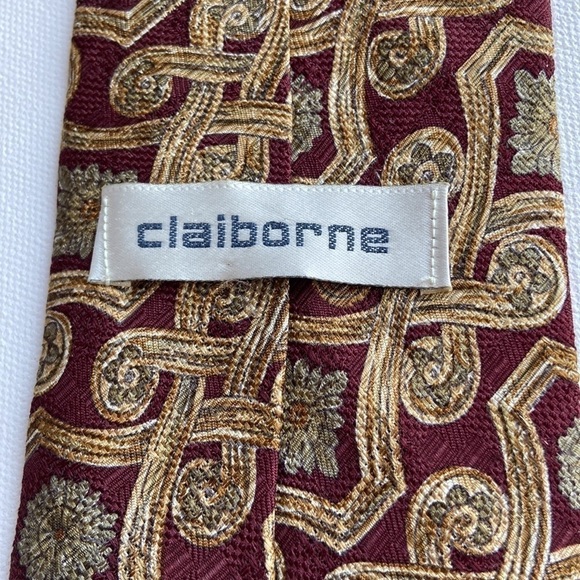 𝅺claiborne Vintage 90s Silk Burgundy Gold Tie - Picture 2 of 6